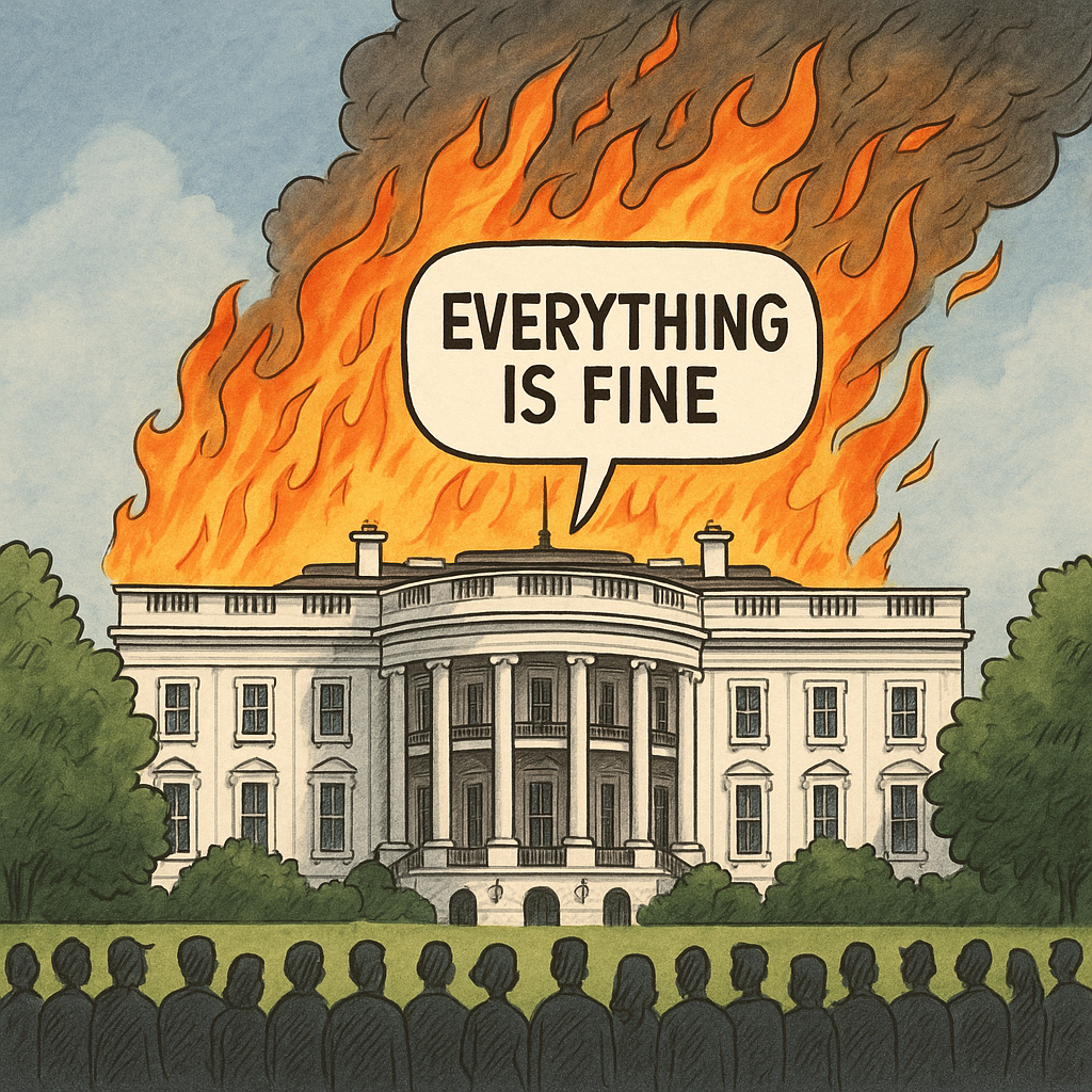 A political cartoon of the White House smiling at the public while flames rage behind it